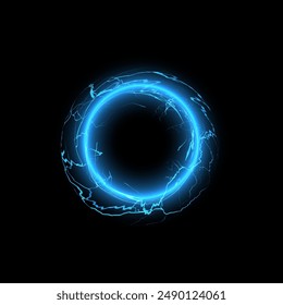 Round thunderbolt blue lightning effect vector illustration. Realistic magical shine circle, light rays ring, electricity and explosion. Bolt lightning or electricity blast storm effect on black