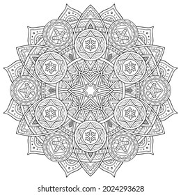 Estilo de mosaico redondo boho, zentangle, doodle. Patrón negro sobre fondo blanco. Patrón floral. Icono abstracto copo de nieve. Afiche de arte geométrico. Papel pintado viejo. Marco geométrico. Un estilo minimalista y retro. Vector