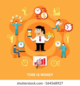 Round time management composition with symbols of analog and sand clock with human characters conceptual icons vector illustration