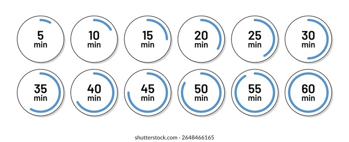 Round timer symbols isolated. Countdown clocks set with different minutes. Chronometer deadline, stopwatches icons in circle shape. Vector illustration. Cooking indicators in flat design.