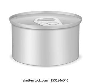 Round Tin Can With Pull Tab Lid, Realistic Vector Mockup Illustration. Canned Food Metal Package, Mock-up. Blank Aluminum Cylinder Container, Template.