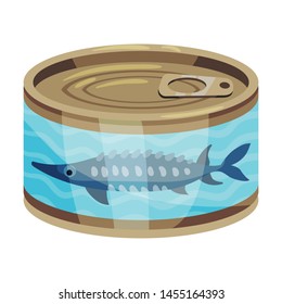 Round tin can with salmon. Vector illustration on white background.