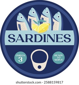 Round tin can sardines. Aesthetic vector illustration on transparent background. Canned fish artwork. Seafood packaging poster template. Restaurant, cafe, or kitchen wall decor.