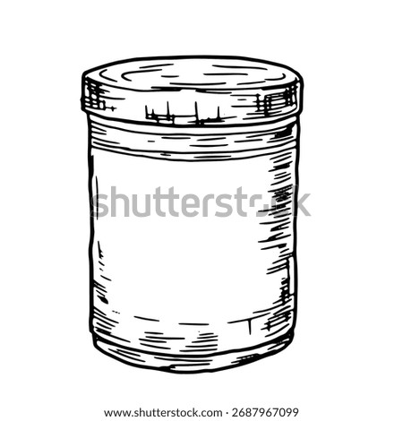 Round tin can, sketch. Vector illustration. Packaging for storing food, canned food and sweets, a set, isolated on a white background. Food and cuisine theme of Christmas, New Year and holidays