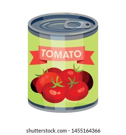 Round tin can with tomato. Vector illustration on white background.