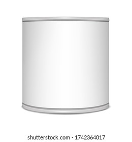 Round tin can, vector mockup. Canned food metal package, mock-up. Blank aluminum cylinder container, template.