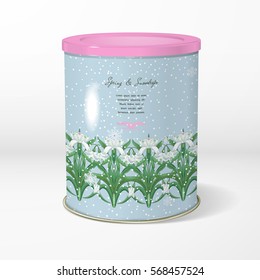 Round tin packaging. Border of snowdrop flowers. Snowflakes on backdrop. Vector object. Tea, coffee, dry products. Place for your text.