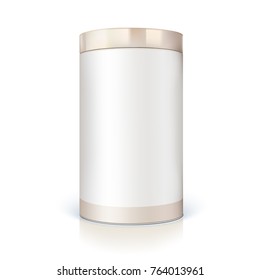 Round tin of packaging for bulk products. Container cylindrical shaped with glossy light, icon of blank round tin can template. Vector 3D illustration isolated on white background.