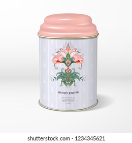 Round tin packaging. Tea, coffee, dry products. Indian paisley pattern and place for your text
