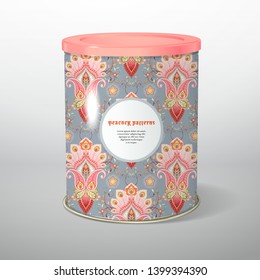 Round tin packaging. Tea, coffee, dry products. Oriental pattern with paisley  and peacock feathers