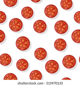 Round tomato slice seamless pattern. Editable element for your design. Grocery store assortment, healthy nutrition. For icons, ad, infographics. Vegetables ingredient for dishes. Vector in flat style.