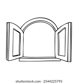 janela superior arredondada com caixilhos abertos para dentro - desenho à mão. desenho de janela