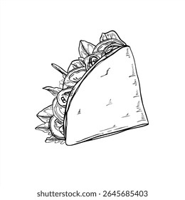 Round tortilla with vegetable filling, folded in quarters vector illustration painted by black inks. Street fast tortilla wrap food etching drawing for Mexican plant based food, vegan restaurant menu.