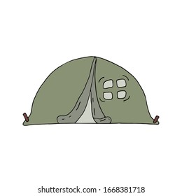 Round tourist camping tent with window. Design for camping, outdoor activities and travel. Hand drawn vector. Illustration isolated on white background.