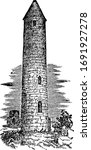 Round Tower, two Irish-style,  vintage engraving.