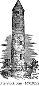 Round Tower, two Irish-style,  vintage engraving.