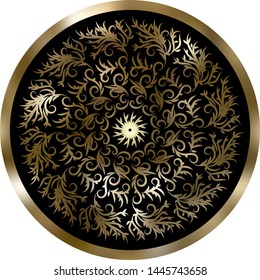  Round tracery golden decor element. Vintage on black background. Vector illustration.