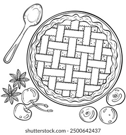 Round traditional cherry pie top view. Composition with a spoon, cherries and star anise. Vector illustration in hand drawn sketch doodle style. Line art isolated on white for coloring book, print