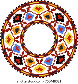 Round traditional Ukrainian ornament. Vector ethnic circular pixel pattern