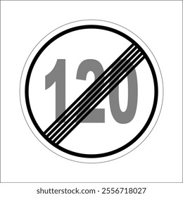 Round traffic sign indicating the end of 120 kilometers per hour speed limit, isolated over a white background.