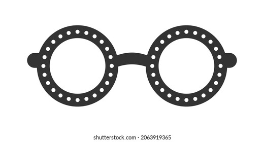 Round transparent circle eyeglasses frame with white dot pattern outline line art silhouette clipart. Funky party glasses eyewear cartoon vector illustration.