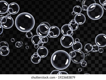 Round transparent clean realistic soap bubbles on a transparent abstract background. Vector illustration