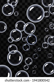 Round transparent clean realistic soap bubbles on a transparent abstract background. Vector illustration