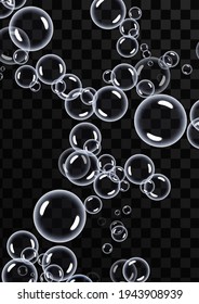 Round transparent clean realistic soap bubbles on a transparent abstract background. Vector illustration