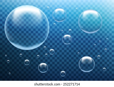 Round transparent clean realistic water bubbles on an abstract blue background vector illustration