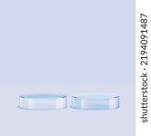 Round transparent poduim, crystal stage for beauty cosmetics advertisement. Cylinder glass stands for product display.