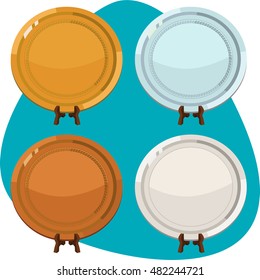 Round tray with leaf ornament on wooden stand. Gold, silver, bronze, stainless steel tray set. Gift tray. Isolated.