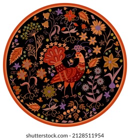 Round tray, plate with fabulous peacock, flower roots, bulbs, berries, butterflies and a decorative frame isolated on a black background. Russian folklore motifs. Vector print.