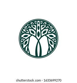 Round tree abstract green vector logo design – modern minimalist circular emblem featuring stylized tree and foliage in green hues, ideal for eco-friendly brands, nature organizations, wellness center