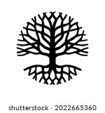 Round Tree of Life with roots,branches.Vector black circle icon outline silhouette drawing.Family logo  sign design.Tattoo.Print decor.Vinyl wall sticker decal.Plotter laser cutting. DIY. Cut file.