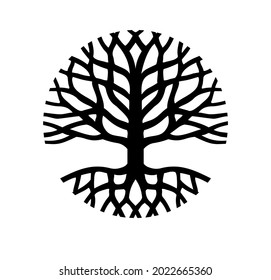 Árbol redondo de la vida con raíces,ramas.Dibujo de silueta de un icono de círculo negro vectorial.Diseño de señas con logotipo familiar.Tatuaje.Decoración de impresión.Decal de pegatinas de pared de vinilo.Recorte láser de perdigones. DIY. Cortar archivo.