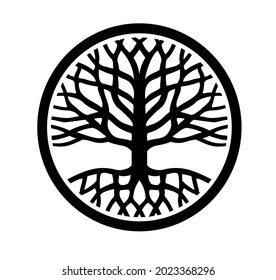 Árbol redondo de la vida con raíces,ramas.Dibujo de silueta de un icono de círculo negro vectorial.Diseño de señas con logotipo familiar.Tatuaje.Decoración de impresión.Decal de pegatinas de pared de vinilo.Recorte láser de perdigones. DIY. Cortar archivo.Eco