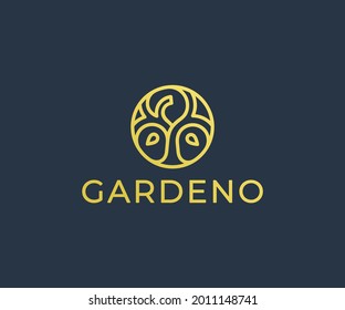 Round tree logo design. Abstract circle tree with branch and leaves vector design. Luxury forest logotype