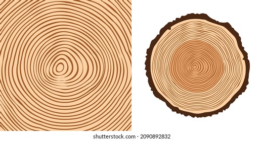 Cortar el tronco de árbol redondo, aserrar el pinar o roble. Vi madera cortada, madera. Textura de madera marrón con anillos de árbol. Esbozo dibujado a mano. Ilustración del vector