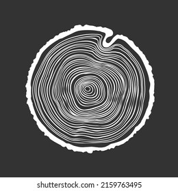 Round tree trunk cut, sawn pine or oak slice. Saw cut timber, wood. White wooden texture with tree rings. Hand drawn sketch. Vector illustration
