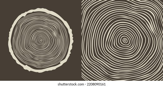 Cortar el tronco de árbol redondo, aserrar el pinar o roble. Vi madera cortada, madera. Textura de madera marrón con anillos de árbol. Esbozo dibujado a mano. Ilustración del vector