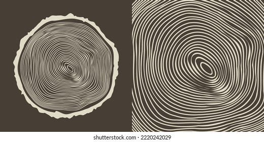 Round tree trunk cut, sawn pine or oak slice. Saw cut timber, wood. Brown wooden texture with tree rings. Hand drawn sketch. Vector illustration