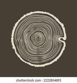 Round tree trunk cut, sawn pine or oak slice. Saw cut timber, wood. Brown wooden texture with tree rings. Hand drawn sketch. Vector illustration