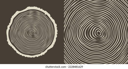 Round tree trunk cut, sawn pine or oak slice. Saw cut timber, wood. Brown wooden texture with tree rings. Hand drawn sketch. Vector illustration