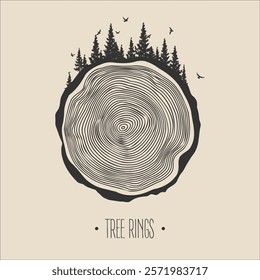 Round tree trunk cut with trees, forest and birds. Sawn pine or oak slice, lumber. Saw cut timber, wood. Brown wooden texture with tree rings. Hand drawn sketch. Vector illustration