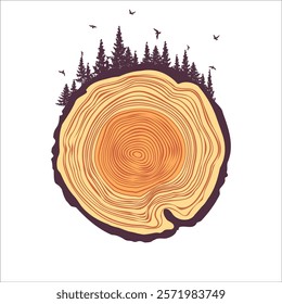 Round tree trunk cut with trees, forest and birds. Sawn pine or oak slice, lumber. Saw cut timber, wood. Brown wooden texture with tree rings. Hand drawn sketch. Vector illustration