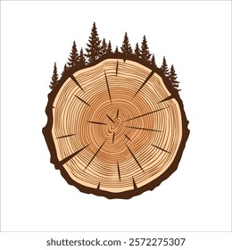 Round tree trunk cut with trees and forest. Sawn pine or oak slice, lumber. Saw cut timber, wood. Brown wooden texture with tree rings. Hand drawn sketch. Vector illustration