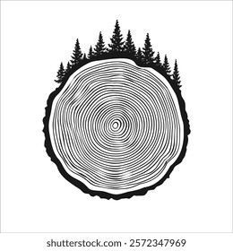 Round tree trunk cut with trees and forest. Sawn pine or oak slice, lumber. Saw cut timber, wood. Brown wooden texture with tree rings. Hand drawn sketch. Vector illustration