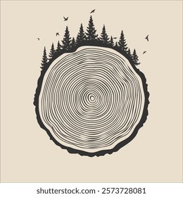 Round tree trunk cut with trees, forest and birds. Sawn pine or oak slice, lumber. Saw cut timber, wood. Brown wooden texture with tree rings. Hand drawn sketch. Vector illustration