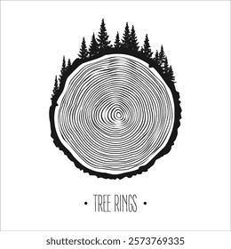 Round tree trunk cut with trees and forest. Sawn pine or oak slice, lumber. Saw cut timber, wood. Brown wooden texture with tree rings. Hand drawn sketch. Vector illustration