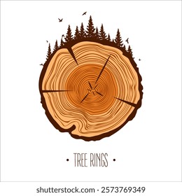 Round tree trunk cut with trees, forest and birds. Sawn pine or oak slice, lumber. Saw cut timber, wood. Brown wooden texture with tree rings. Hand drawn sketch. Vector illustration